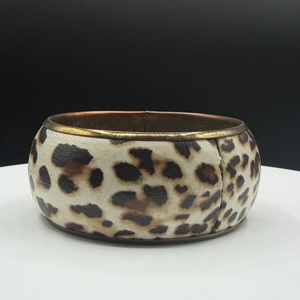 Cream Leopard Print Wide Gold Tone Bangle Bracelet Chunky Statement Y2K Gift
